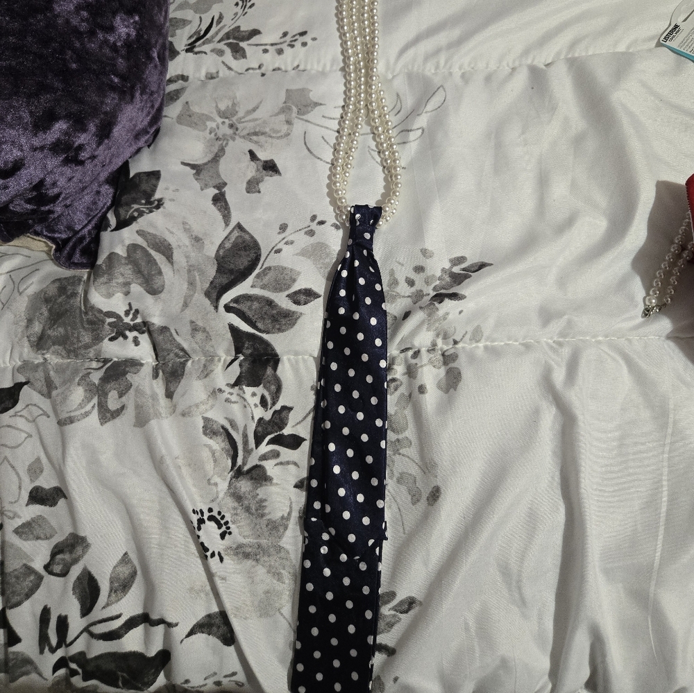 Navy Polka Dot Silk Tie with Pearl Necklace